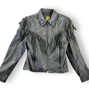 Vintage Protech Leather Apparel Jacket Snake Fringe Black Biker Moto Western